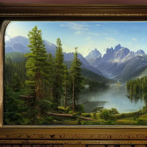 Image similar to a beautiful and highly detailed matte painting of an epic lush mountain range stretching into the distance, fir trees, pine trees, flowers, a lake in the distance, intricate details, epic scale, insanely complex, 8 k, sharp focus, hyperrealism, very realistic, by caspar friedrich, albert bierstadt, greg rutowski, james gurney, zeen chin,