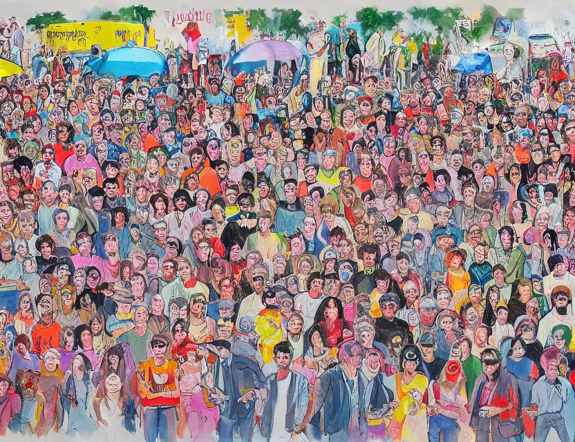 Prompt: a painting of a huge group of people watching a concert by vegatables playing music of the Beatles in the style of artist James Jean