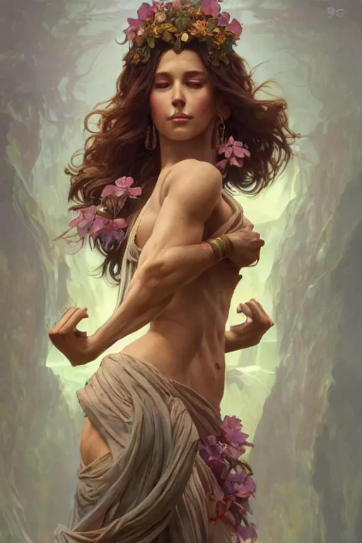 Prompt: goddess of nature, accurate anatomy, only two hands, highly detailed, digital painting, artstation, concept art, smooth, sharp focus, illustration, Unreal Engine 5, 8K, art by artgerm and greg rutkowski and alphonse mucha and Frank Frazetta, and pro fitness photograph