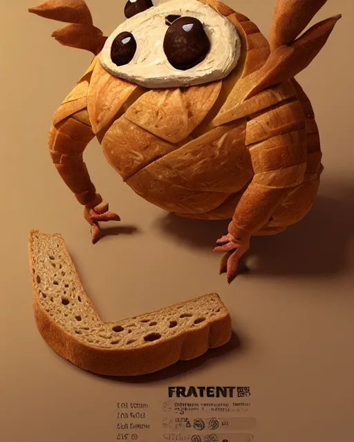 Image similar to detailed creature made of bread, very original, cute and friendly, fantasy house, sitting on the table, high quality, perfect, 8 k high detail, masterpiece, trending on artstation