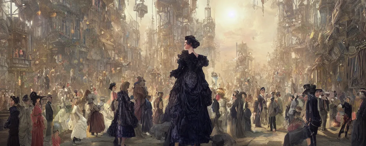 Prompt: portrait of a victorian lady within a crowd of people in a futuristic city, from behind, streets, angels in the sky, beautiful, solarpunk!!!, highly detailed, digital painting