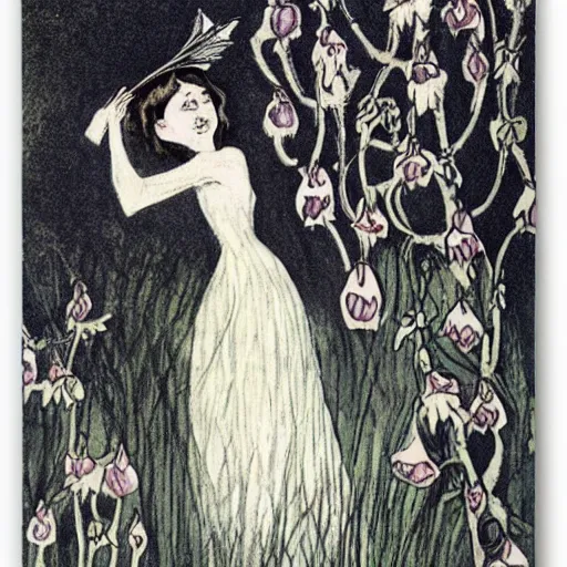 Prompt: fairy in a black dress gathering deadly nightshade by Cicely Mary Barker