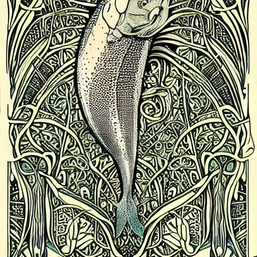 Image similar to A very detailed Art Nouveau illustration of a fish, intricate patterns