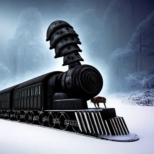 Image similar to a futuristic black steam train and a giant mammoth, post - apocalyptic ice landscape with heavy snow, digital art