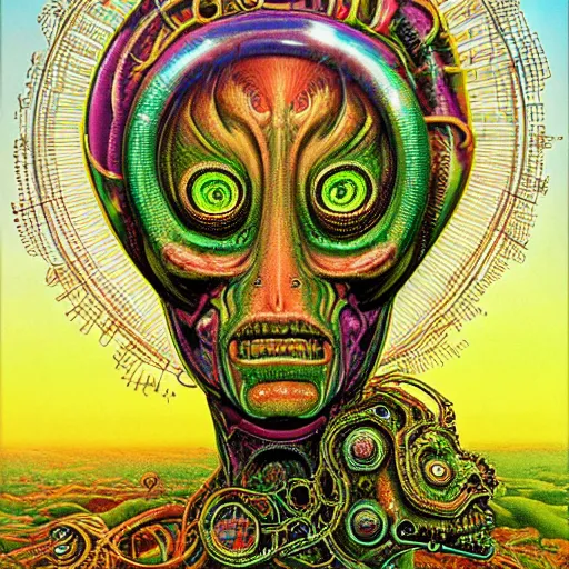Prompt: ''realistic full body alien with two big heads each head individual eyes third eyes and glowing razorwired steampunk hair body made of flowing snakes and microbial bacteria hyperrealistic detailed intricate sci fi cyberpunk peter max colors beksinski dmt ayahuasca grim dark alien geometric pattern in the background merkabah flower of life ''