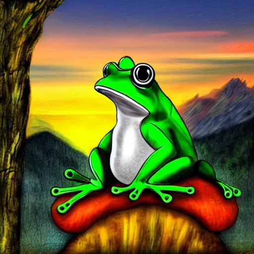 Prompt: king frog on a throne in beautiful mountains watching a sunset, digital art