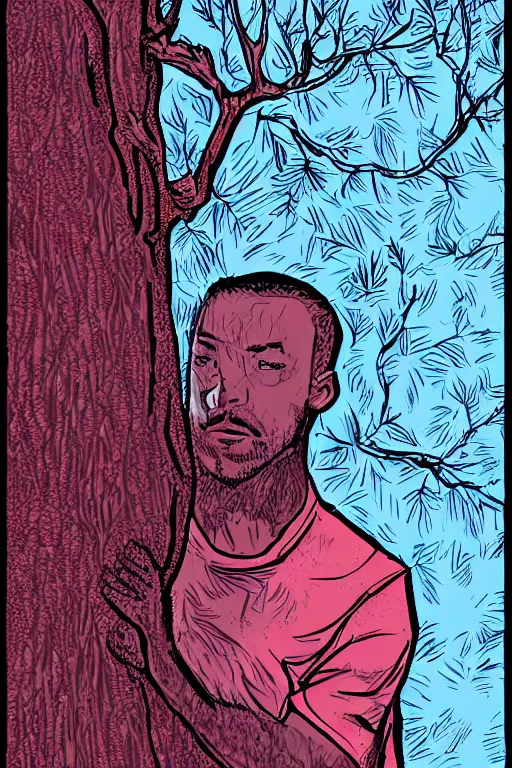 Prompt: man holding a tree, detailed, vibrant, comic, portrait, art by Tim Doyle