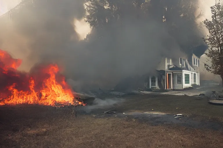 Image similar to Gregory Crewdson full color Photography, A woman walks calmly while her house is on fire