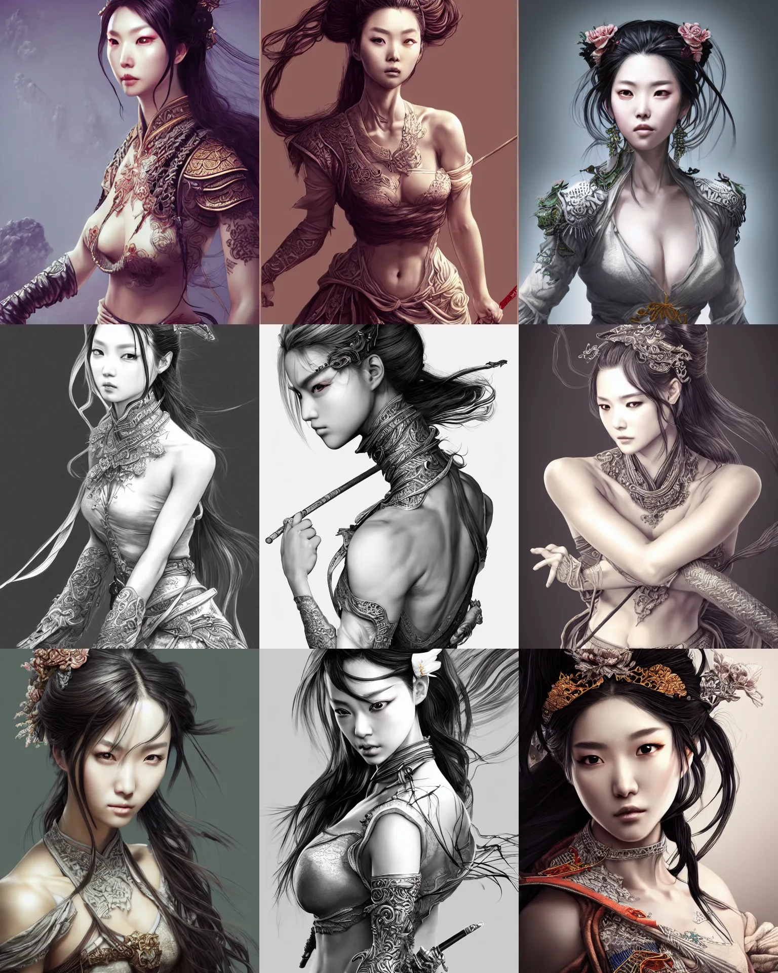 Prompt: upper half body portrait of stunning female wuxia model absurdly beautiful, gorgeous, elegant, an ultrafine hyperdetailed illustration by kim jung gi, irakli nadar, artgerm, intricate linework, octopath traveler, final fantasy, unreal engine 5 highly rendered, global illumination, radiant light