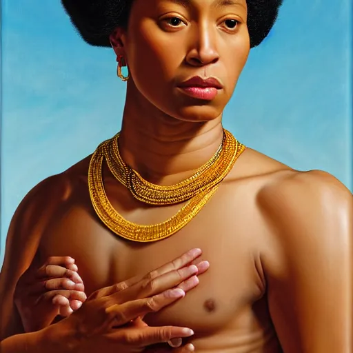 Image similar to A portrait of a thin trendy and gorgeous non-binary person, light skin tone, Maori people, oil painting by Kehinde Wiley, majestic, detailed, high resolution