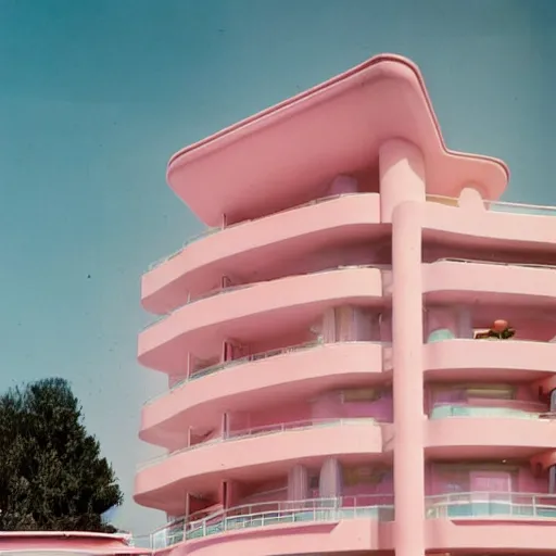 Prompt: a ultra high definition pastel coloured photographic print from a holiday photo album. the photo is a medium frame, 5 0 mm depicting the interior of an expensive alien hotel balcony, furniture and view. the interior was designed by wes anderson. iridescent transparent glass, pastel pink concrete, foam. 8 k. architectural. interior. no artefacts. highly detailed.