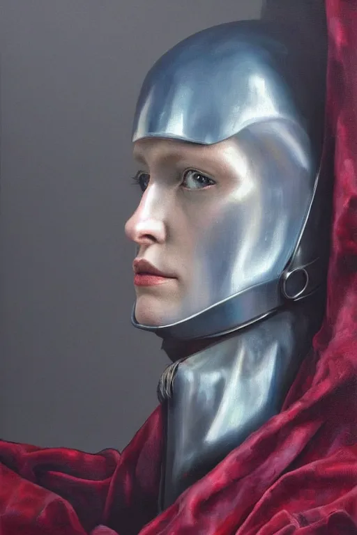 Image similar to hyperrealism oil painting, close - up portrait of albino medieval fashion model, knight, steel gradient mixed with nebula sky, in style of baroque