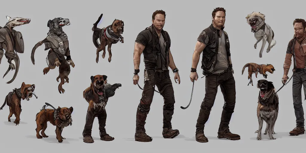 Image similar to cartoonish chris pratt walking five dogs, character sheet, fine details, concept design, contrast, kim jung gi, greg rutkowski, trending on artstation, 8 k, full body, turnaround, front view, back view, ultra wide angle
