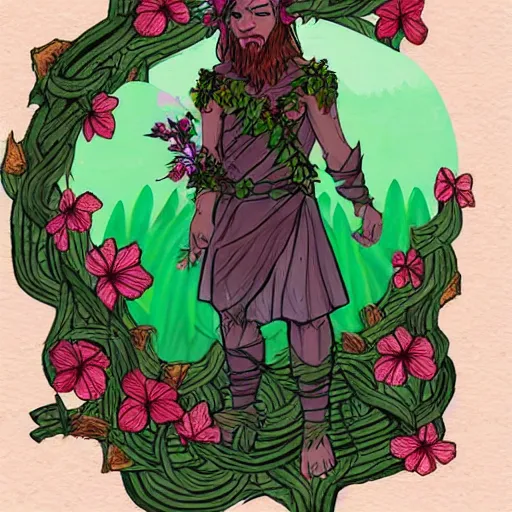 Image similar to male firbolg druid with vines and hibiscus flowers as hair simple drawing, comic style