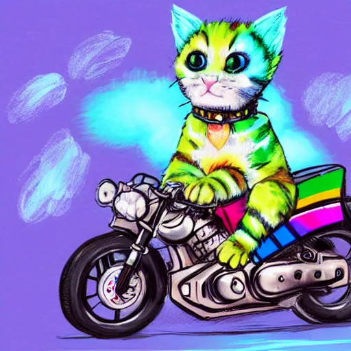 Image similar to wide angle full body, jacket wearing fluffy cute rainbow kitten wearing a black leather motorcycle jacket, riding on a motorcycle, cinematic concept art