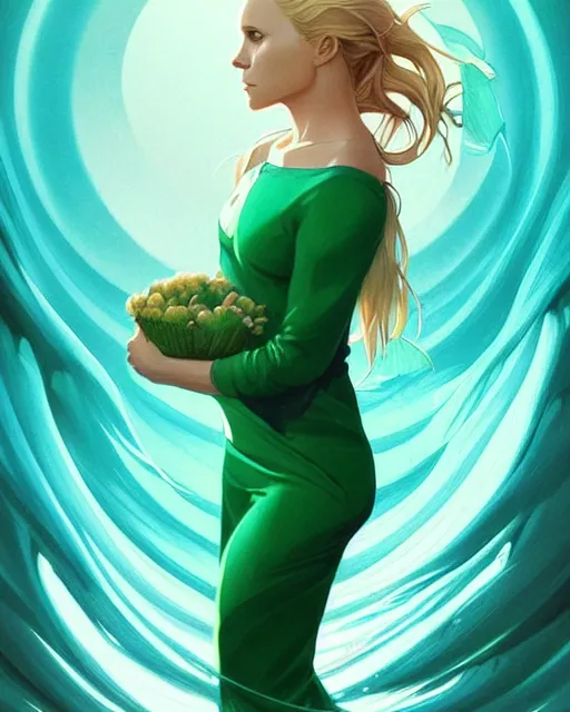 Image similar to style artgerm, joshua middleton, beautiful kristen bell with green dress, very long blue hair, symmetrical face, symmetrical eyes, water powers water swirling, detailed, beach setting, cinematic lighting