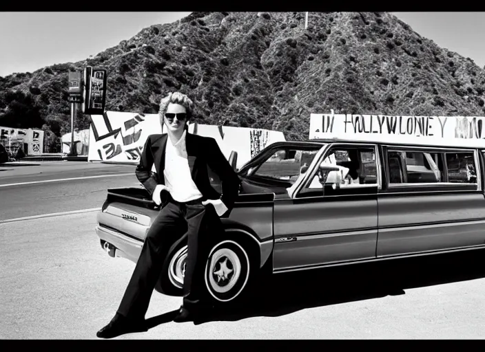 Image similar to a cool handsome photomodel lening against a limousine on hollywood boulevard in the 8 0's. hollywood sign in the background