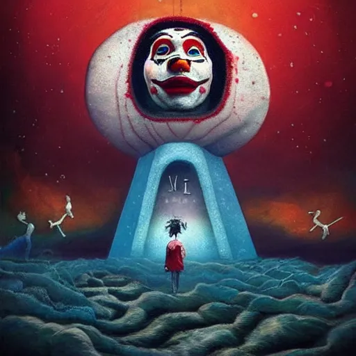 Prompt: a surreal and fantastic vision of the end of the world, dreamed by a sad clown