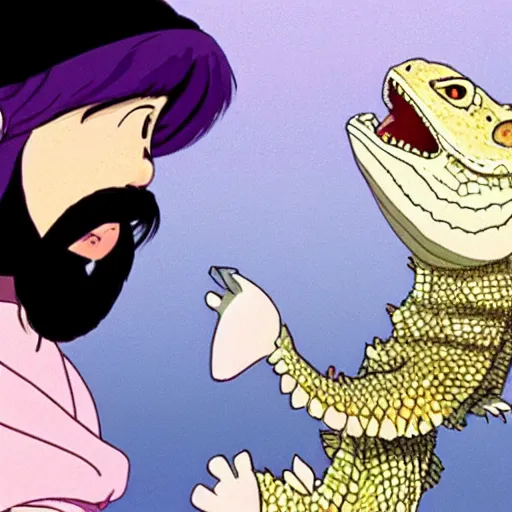 Image similar to beautiful illustration of a bearded dragon looking up lovingly at a young french woman with purple hair. animation frame from the studio ghibli film by miyazaki.