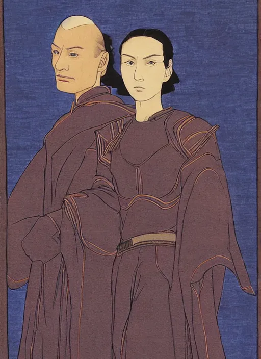 Image similar to portrait of emperor paul atreides and chani, dune, husband and wife, only 2 people, bright blue eyes, scifi, detailed, awe - striking, pious, space opera, in the style of yamato - e, traditional japanese painting, tosa school, tosa mitsuoki, tosa mitsunobu, iwasa matabei