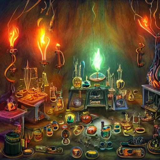 Image similar to dark mysterious scene of these monsters are consumed by fire, yet they remain unharmed. they are surrounded by the tools of the alchemist's trade - beakers and test tubes full of colorful liquids, crystals, and books of ancient knowledge. the scene is suffused with an eerie glow, as if something magical is happening here.