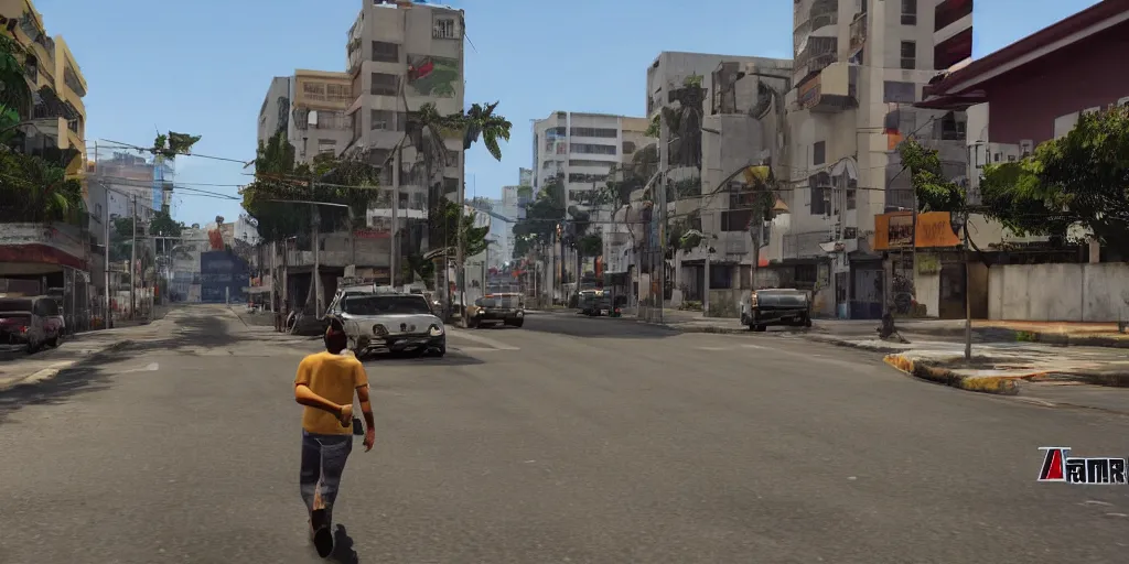 Image similar to 4 grados norte in guatemala city if it was a game like grand theft auto v first person view, with realistic visuals and award winning gameplay, graffitis