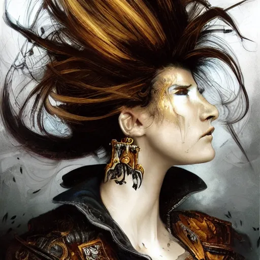 Image similar to portrait, headshot, insanely nice professional hair style, dramatic hair color, digital painting, of a old 17th century, old cyborg merchant, amber jewels, baroque, ornate clothing, scifi, realistic, hyperdetailed, chiaroscuro, concept art, art by Franz Hals and Jon Foster and Ayami Kojima and Amano and Karol Bak,