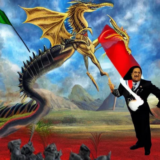 Prompt: epic scenery of the president of México fighting a dragon in the style of Dalí