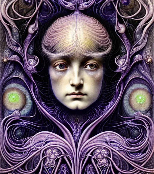 Image similar to detailed realistic beautiful psychedelic goddess face portrait by jean delville, gustave dore, iris van herpen and marco mazzoni, art forms of nature by ernst haeckel, art nouveau, symbolist, visionary, gothic, neo - gothic, pre - raphaelite, fractal lace, intricate alien botanicals, ai biodiversity, surreality, hyperdetailed ultrasharp octane render