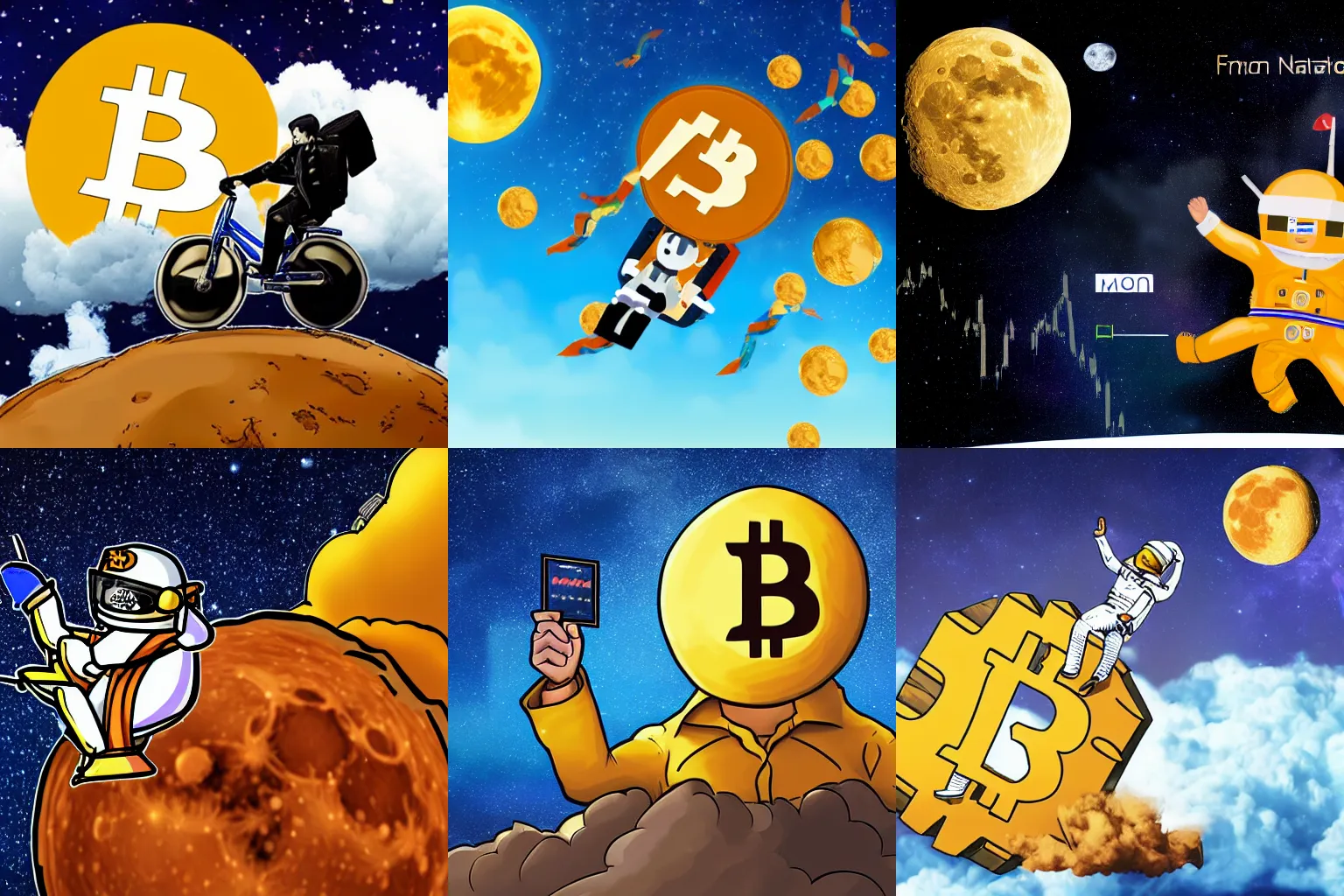 Prompt: Satoshi Nakamoto riding Bitcoin to the moon