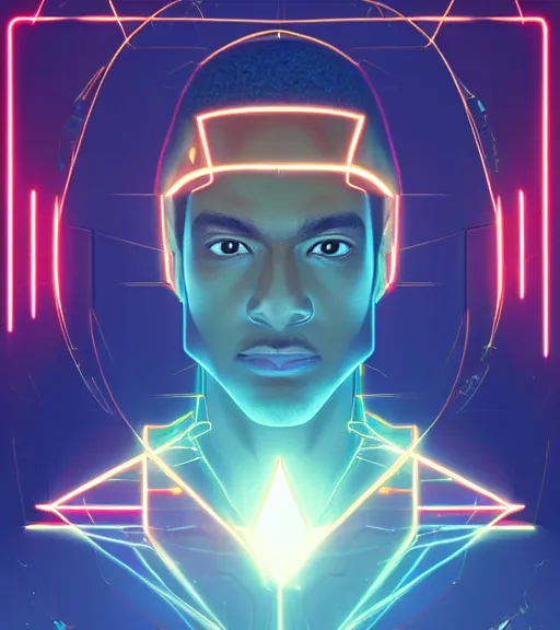 Image similar to symmetry!! egyptian prince of technology, solid cube of light, hard edges, product render retro - futuristic poster scifi, lasers and neon circuits, brown skin man egyptian prince, intricate, elegant, highly detailed, digital painting, artstation, concept art, smooth, sharp focus, illustration, dreamlike, art by artgerm