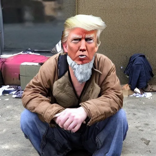 Image similar to donald trump dressed as a homeless man living in the slums