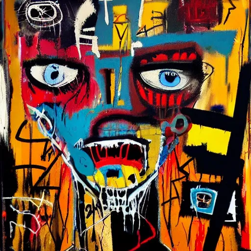 Image similar to gritty splattered punk painting of a geometric face with surprised expression, painted by basquiat. dark background. trending on artstation.