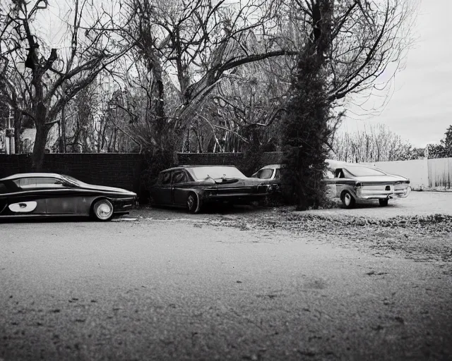 Prompt: beautiful minimalistic realistic photograph, abandoned cars park in a quiet alley by langdon clay, VSCO film grain