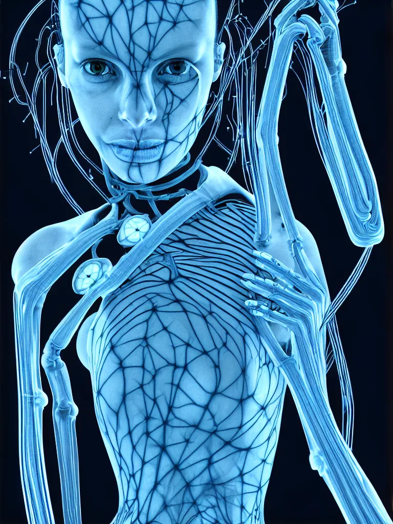 Image similar to x - ray bioscans, new ai race, inspired by æon flux, hideo kojima, mobius, shepard fairey, pre - raphaelite, manga art, ferrofluid, quantum, unsettling yet enticing, wires, veins, ultrafine inklines, 4 k photorealistic, full shot,