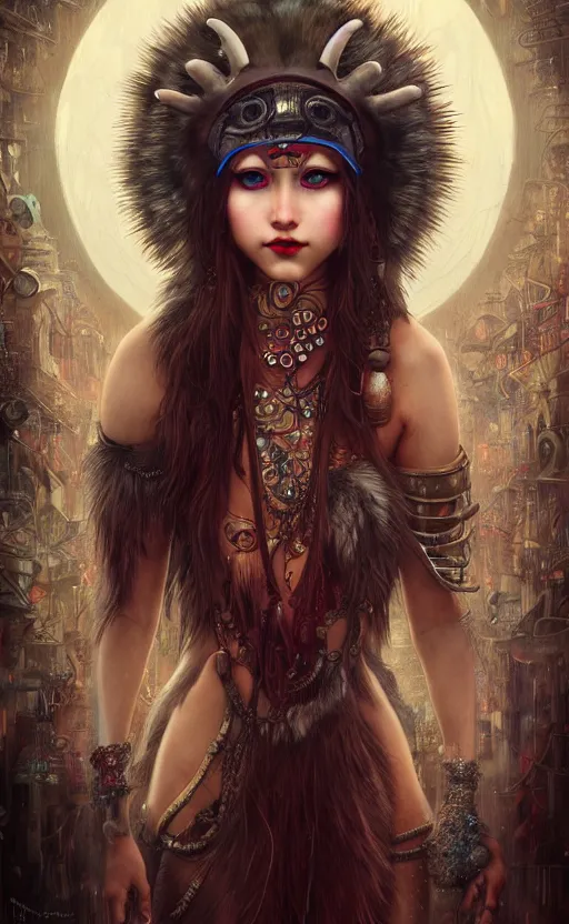 Image similar to hyper realistic Princess Mononoke, ornate mask magic, wet market street, cyberpunk metropolis, city landscape, jewels, full body pose, full moon, style of tom bagshaw, mucha, james gurney, norman rockwell, denoised, sharp