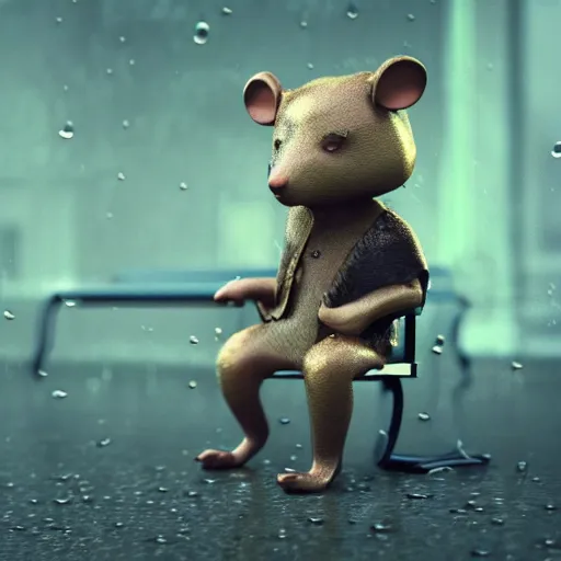 Image similar to a sad anthropomorphic rat, octane render, 3 d, sad, lonely, moody lighting, wearing gold jewellery, wearing a fur coat, in the rain, at night, sitting on a park bench