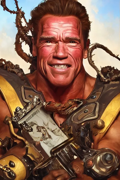 Image similar to portrait of arnold schwarzenegger as junkrat from overwatch, full body, fantasy, intricate, elegant, highly detailed, digital painting, artstation, concept art, sharp focus, illustration, art by artgerm and greg rutkowski and alphonse mucha