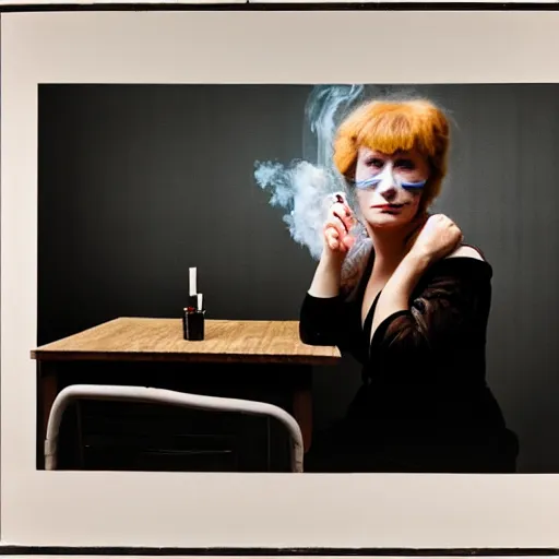 Prompt: overpainted photography portrait of a woman smoking a cigarette at a table by cindy sherman and gerhard richter, dim light, black and white