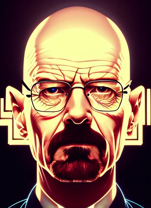 Image similar to symmetry portrait of walter white, glowing lights intricate, elegant, highly detailed, digital painting, artstation, concept art, smooth, sharp focus, illustration, art by artgerm and greg rutkowski and alphonse mucha