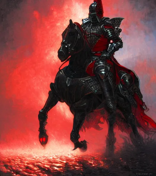 Image similar to a knight wearing black and red armor on horseback, glowing red eyes, intricate, highly detailed, artstation, concept art, perfect composition, dynamic lighting, illustration, volumetric lighting, illustration, sharp focus, art by ralph horsley, greg rutkowski, alphonse mucha