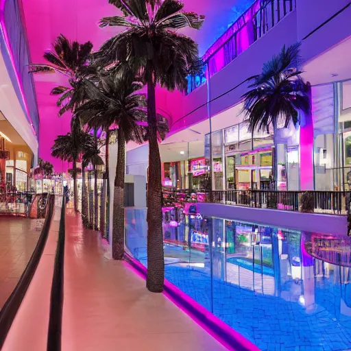 Image similar to an indoor mall with palm trees and pools, pink and blue lighting, everything floats in space