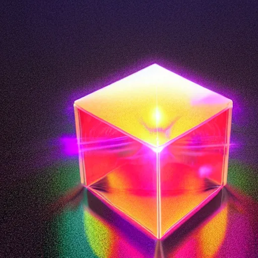 Image similar to 3 d render of an ultrarealistic photograph of a very clear and crystal cube with a high - powered laser shooting light into the cube and dispersing full spectrum rainbow light beautifully into onto the surrounding surfaces, light dispersion, light effects, 3 d render, octane render, luxcore render, visual caustics, light dispersion, 8 k