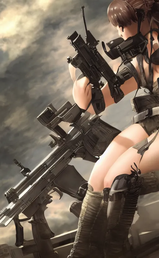 Image similar to highly detailed, high resolution, character design art, stunning, volumetric lightning, realistic guns, girls frontline style, matte, sharp focus, 130mm, 3d render, artstation, by yusuke kozaki, professional result, realistic human anatomy, simple design, realistic military gear, metal gear style, cell shading tecnique