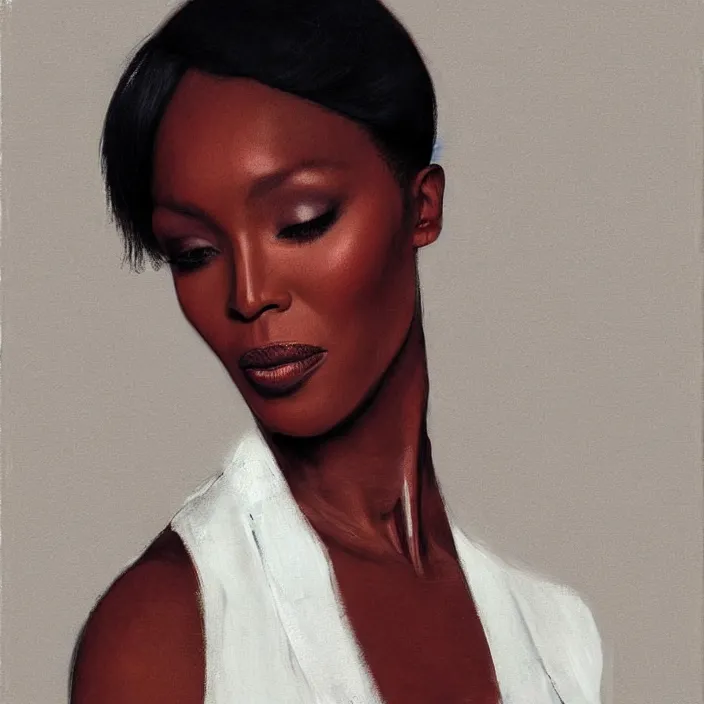 Image similar to Naomi Campbell by Lynette Yiadom-Boakye. details, smooth, sharp focus, illustration, realistic, cinematic, artstation, award winning, rgb , unreal engine, octane render, cinematic light, macro, depth of field, blur, red light and clouds from the back, highly detailed epic cinematic concept art CG render made in Maya, Blender and Photoshop, octane render, excellent composition, dynamic dramatic cinematic lighting, aesthetic, very inspirational, arthouse.