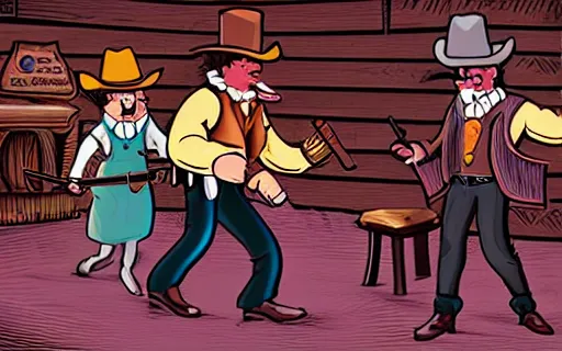 Image similar to photorealistic full - color storybook illustration of : during a hoedown at a saloon in the old west, an angry anthropomorphic raccoon dressed as a cowboy is having a duel with “ daniel day - lewis ” and they are holding revolvers. frightened “ nancy reagan ” is watching them. color professional hyper - realistic drawing.