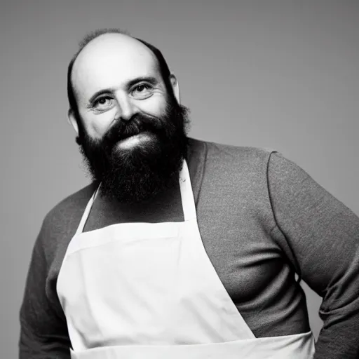 Image similar to photograph of a heavyset middle aged balding French man with a beard, a hairy chest and a pot belly wearing an apron