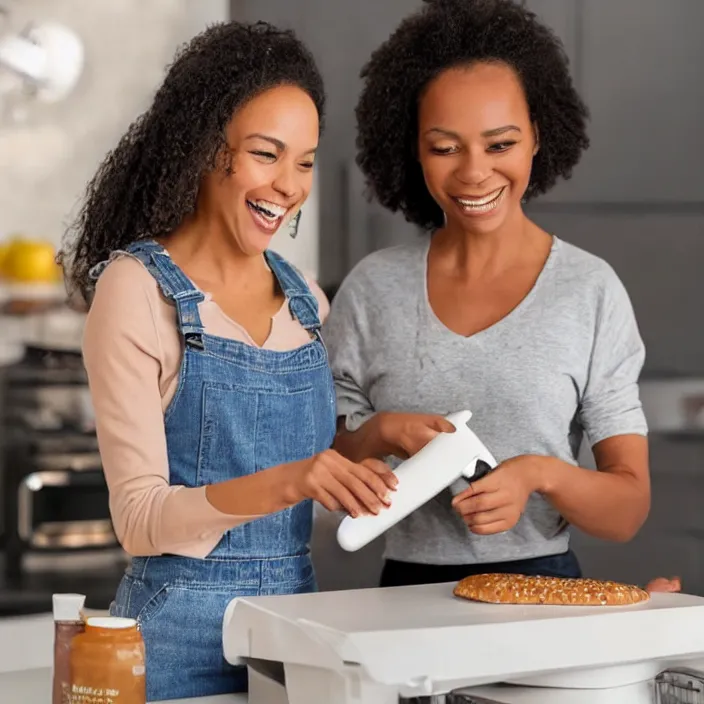 Image similar to a woman that is extremely happy about a young woman receiving her new bagel slicer from the future in the mail from amazon, 8 k,