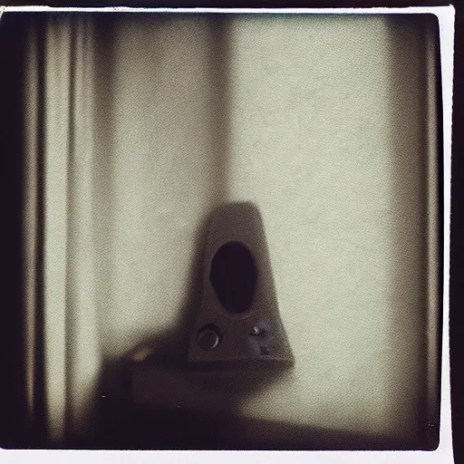 Prompt: dark room with a face peeking through a window, old polaroid, expired film, eerie,