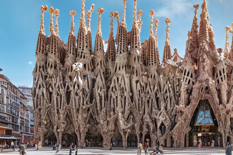 Image similar to A shopping mall, designed by Gaudí, inspired on La Sagrada Familia, gothic, photorealistic, concept 4k, highly detailed, hyper realistic